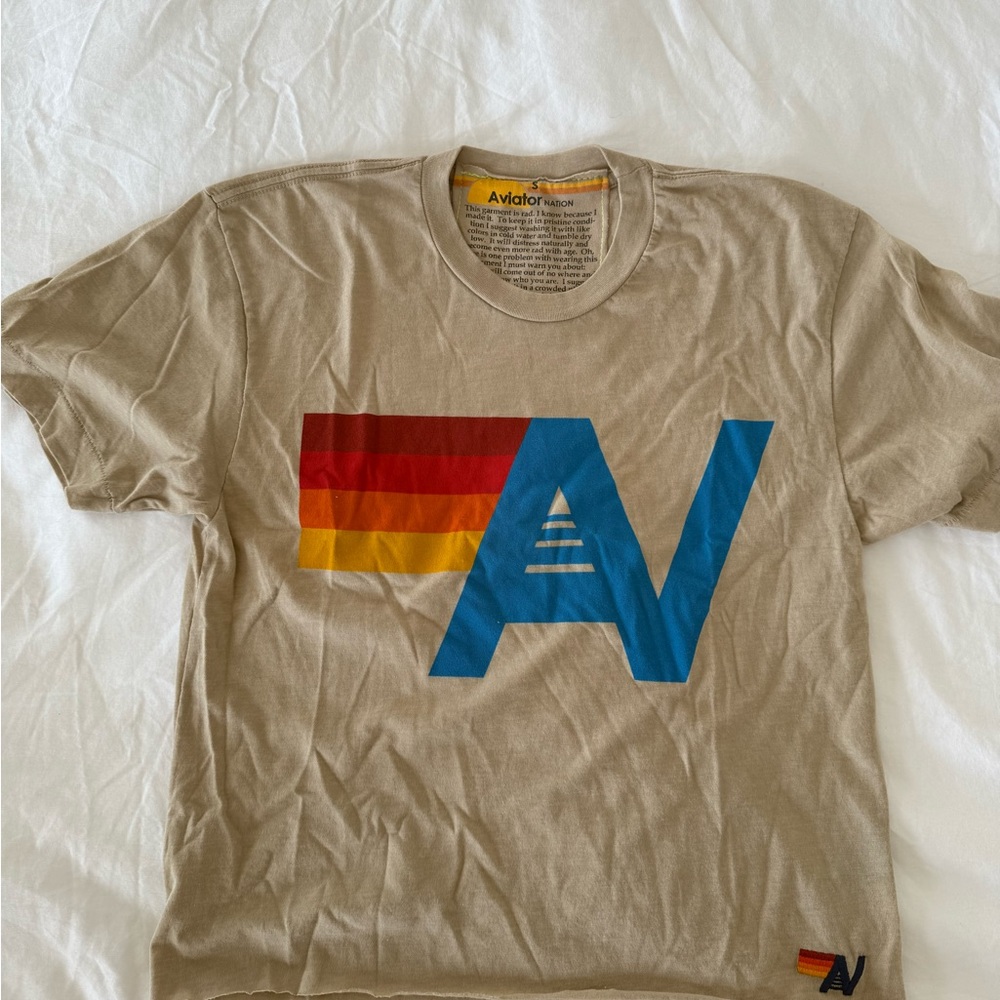 Aviator Nation Tan Tee with Blue and Red Graphic